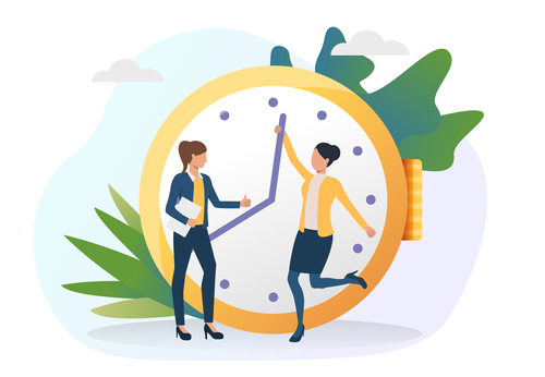 Business women moving clock hands ahead. Colleagues standing at clock, showing thumb up. Time management concept. Vector illustration for posters, presentation slides, landing pages