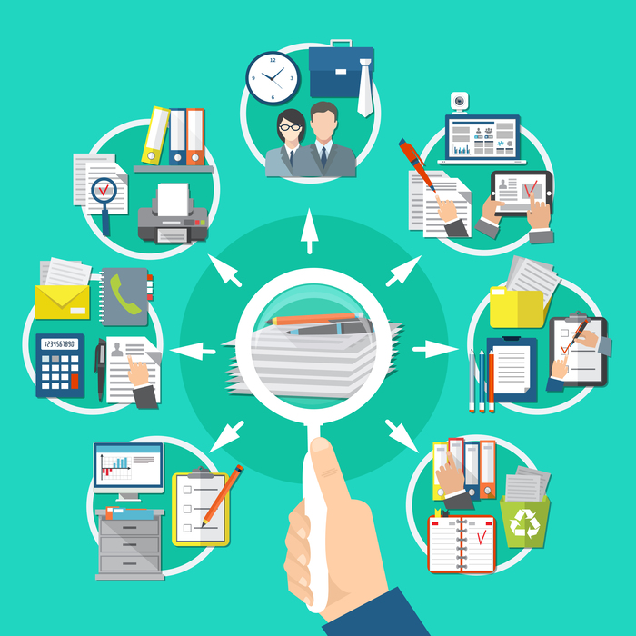 Business Items Round Composition Business items round composition with search of information on documents and papers vector illustration