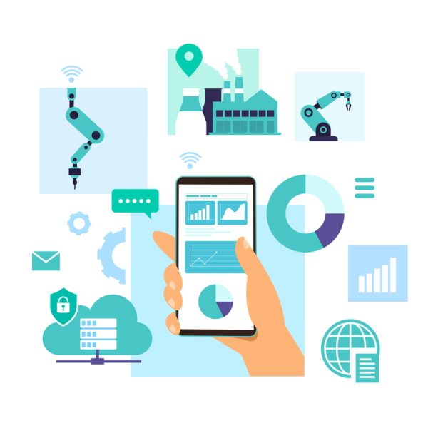 Operation of mechanical and process with smartphone Mobile control, Data analysis, and Assembly process in smart factory concept. Isolated Flat Vector illustration