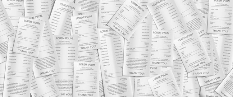 Pile of paper receipts, payment bank checks. Background with heap of invoice bills of purchases in shop or supermarket, cheques from pos terminal, vector realistic illustration