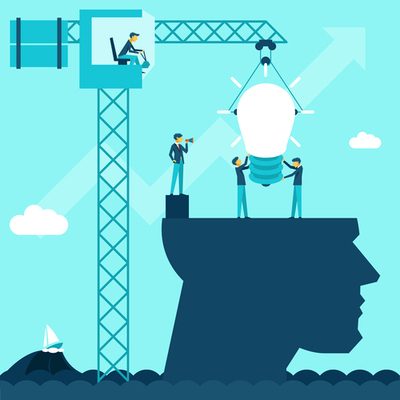 Vector business idea background. Illustration businessmen establish lightbulb of using a crane head